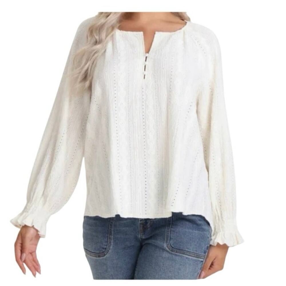 FRYE Women’s Salt Texture Long Sleeve Peasant Blouse in Salt Breeze Size Small